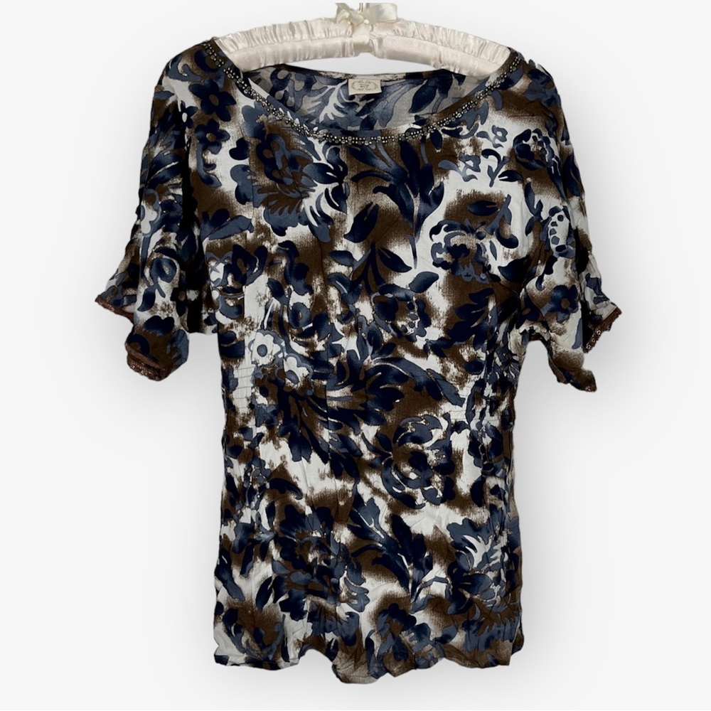 Vintage Dcc Floral Blouse Brown Blue Beaded Smocked Waist Short Sleeve Boho Sz S